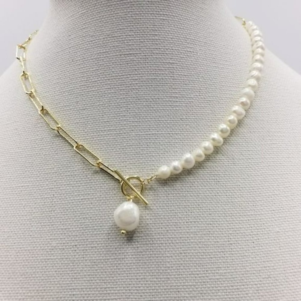 Gold Plated Cultured Baroque Freshwater Pearl‎ Pendant Necklace Toggle Clasp - Picture 8 of 9